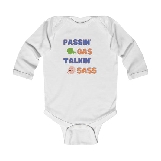 "Passin' Gas Talkin' Sass" Unisex Long Sleeve One-Piece Bodysuit