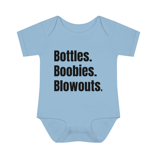 "Bottles. Boobies. Blowouts." Unisex One-Piece Bodysuit